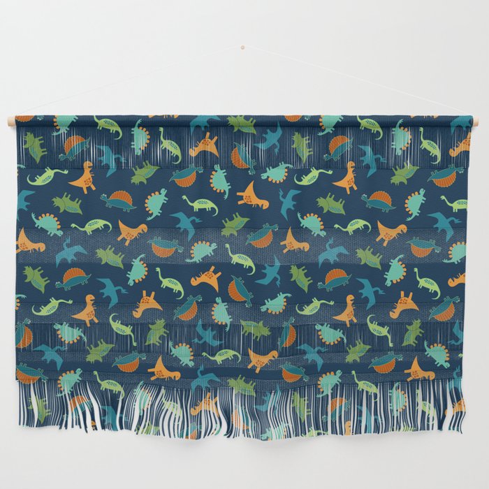 Dinosaur Tumble - green, rust and teal on navy by Cecca Designs Wall Hanging