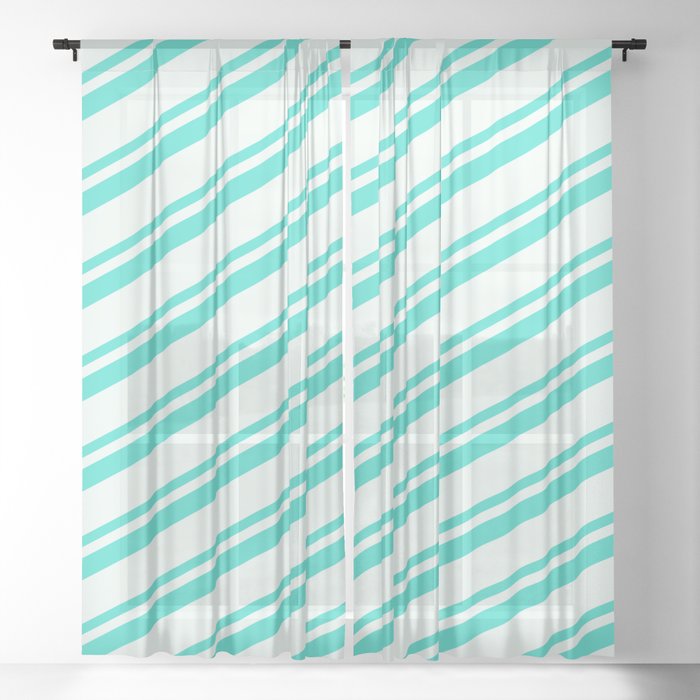 Mint Cream and Turquoise Colored Lines Pattern Sheer Curtain