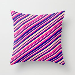 [ Thumbnail: Deep Pink, Dark Blue & Beige Colored Lined Pattern Throw Pillow ]