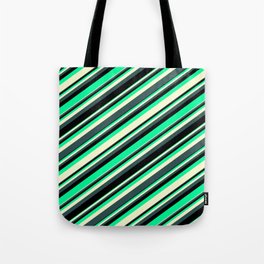 [ Thumbnail: Green, Light Yellow, Dark Slate Gray & Black Colored Lined/Striped Pattern Tote Bag ]