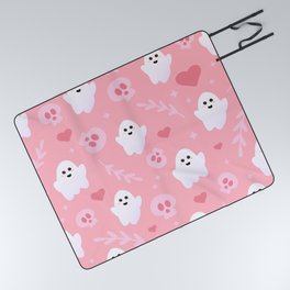 Ghost Cute Seamless Pattern in Pink Colours with Skulls, Hearts and Leaves Picnic Blanket