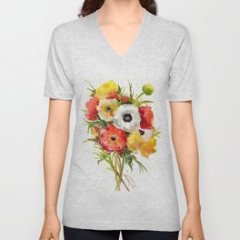Flowers, Buttercups, orange red white yellow garden floral design V Neck T Shirt