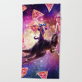 Thug Space Cat On Dinosaur Unicorn - Pizza Beach Towel