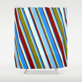 [ Thumbnail: Vibrant Blue, Light Sky Blue, Light Cyan, Green & Dark Red Colored Lined/Striped Pattern Shower Curtain ]