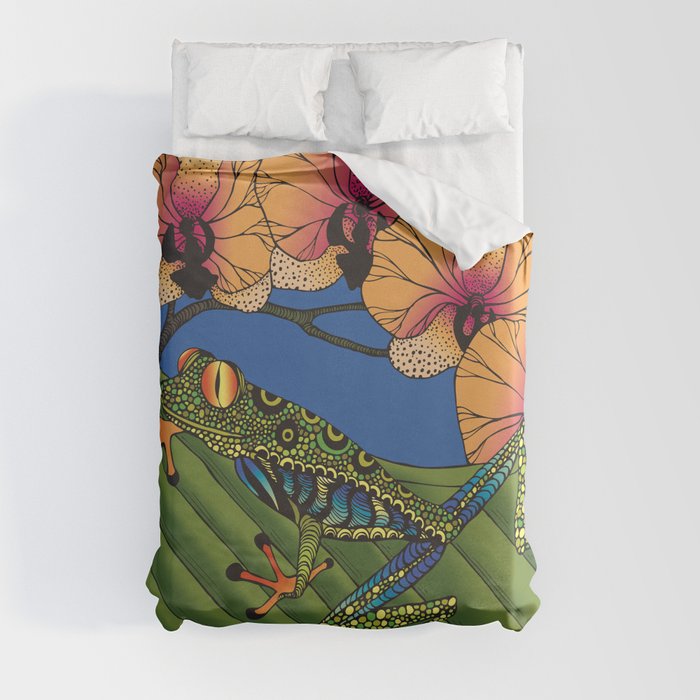 Tree Frog with Orchids Duvet Cover