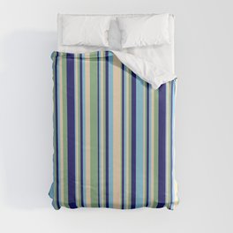 [ Thumbnail: Bisque, Dark Sea Green, Midnight Blue, and Sky Blue Colored Stripes Pattern Duvet Cover ]