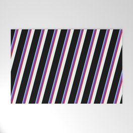 [ Thumbnail: Light Sky Blue, Purple, Red, Mint Cream, and Black Colored Lined/Striped Pattern Welcome Mat ]