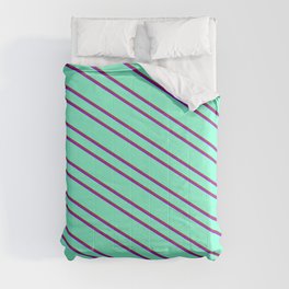 [ Thumbnail: Aquamarine, Brown, and Dark Violet Colored Pattern of Stripes Comforter ]