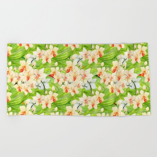 Tropical Floral Orchid Flower Pattern - Flowers on #Society6 Beach Towel