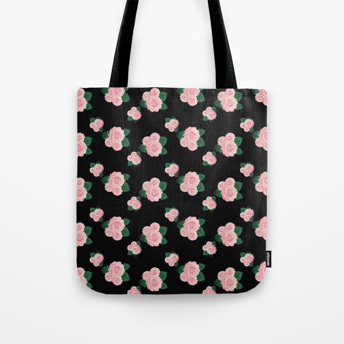 Pink Vintage Roses on a Black Background, Retro Pattern Tote Bag by ...