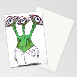 Three Eyed Green Alien Scientist With Red Glasses Stationery Card