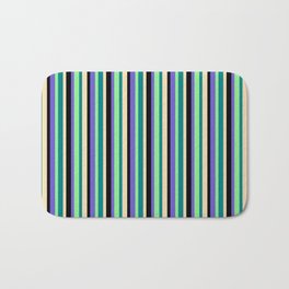 [ Thumbnail: Eye-catching Slate Blue, Black, Tan, Teal & Light Green Colored Stripes/Lines Pattern Bath Mat ]