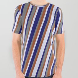 [ Thumbnail: Lavender, Midnight Blue, Gray, and Sienna Colored Lined/Striped Pattern All Over Graphic Tee ]