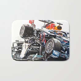Hamilton Verstappen collision Bath Mat | Transportation, Automobile, Drawing, Acrylic, Classic, Vehicle, Car, Sport, Driver, Race 