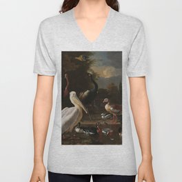 Melchior d'Hondecoeter - A pelican and other fowl at a water basin, known as 'The floating feather' V Neck T Shirt