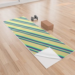 [ Thumbnail: Dark Slate Blue, Tan, and Green Colored Striped Pattern Yoga Towel ]