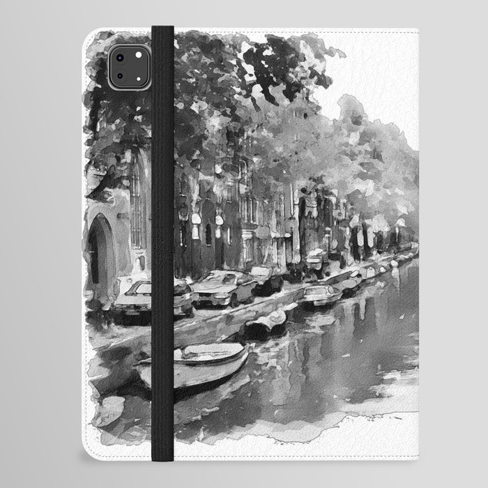 Black and White Watercolor Painting - Groenburgwal - Amsterdam Canal iPad Folio Case