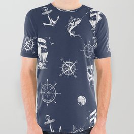 Navy Blue And White Silhouettes Of Vintage Nautical Pattern All Over Graphic Tee