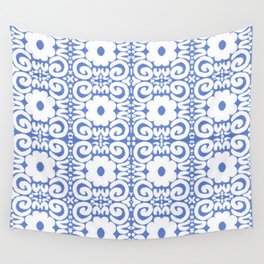 Retro Daisy Flower Lace White On Blue Wall Tapestry