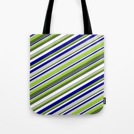 [ Thumbnail: Vibrant Green, Dark Olive Green, White, Dark Blue & Light Grey Colored Lines/Stripes Pattern Tote Bag ]
