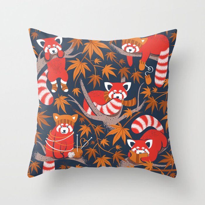 Red panda blending with the foliage // navy background red cozy animals fog brown taupe tree branches orange acer leaves Throw Pillow