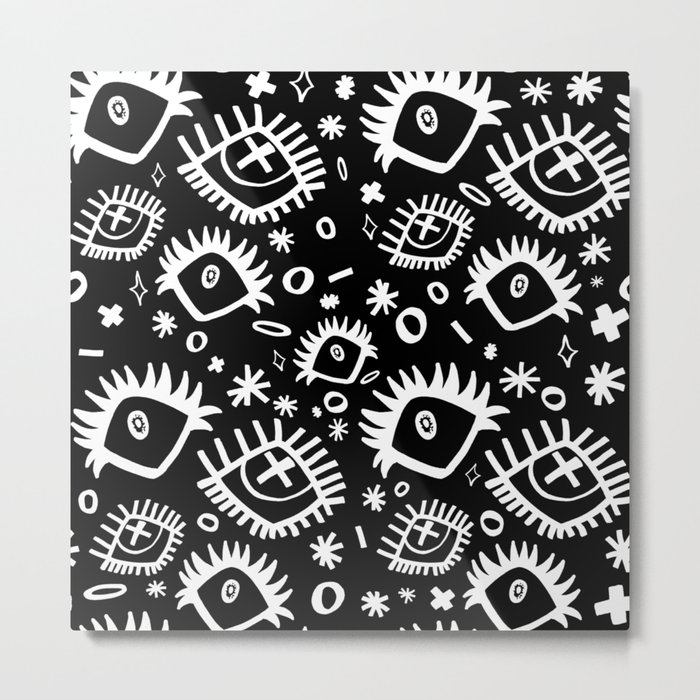 Black and White Trippy Doodle Eye Pattern Metal Print