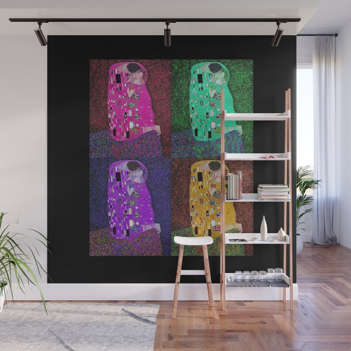 The kiss four-color collage; erotic love and the eternal cosmos romantic portrait painting alternate pink and purple by Gustav Klimt Wall Mural