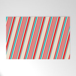 [ Thumbnail: Light Coral, Dark Turquoise, Beige & Red Colored Lines/Stripes Pattern Welcome Mat ]