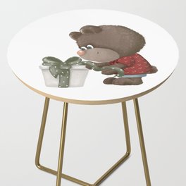 Cute little bear packing gift box with beige ribbon. Illustration in cartoon style. Side Table