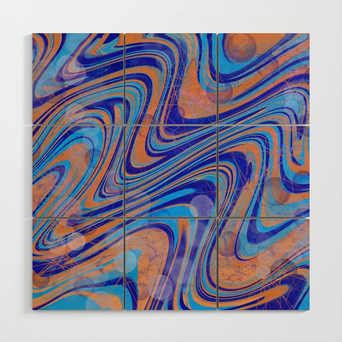 Blue and orange abstract marbled Wood Wall Art