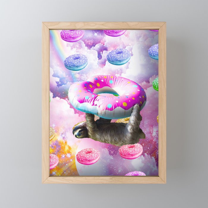 Space Sloth Riding Rainbow Donut Framed Mini Art Print