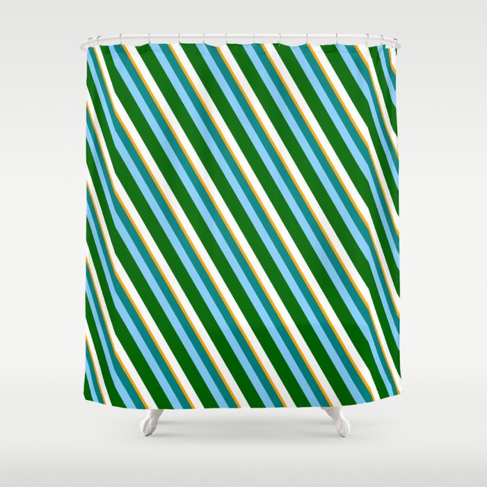 Vibrant Teal, Light Sky Blue, Dark Green, White, and Orange Colored Pattern of Stripes Shower Curtain