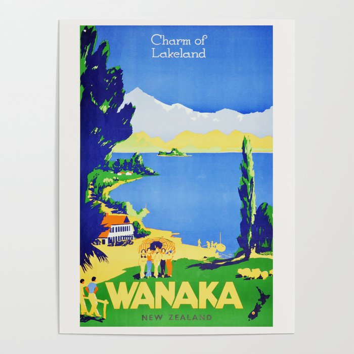 New Zealand Lake Wanaka Vintage Travel Poster 1930s - Charm of Lakeland Wall Art Poster
