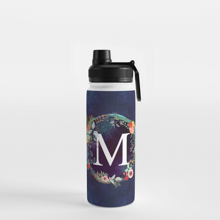 Personalized Monogram Initial Letter M Floral Wreath Artwork Water Bottle
