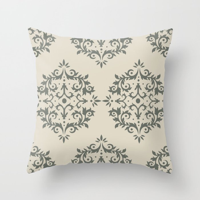 Moody Green Buff Tan Damask Scroll Pattern 2021 Color of the Year Contemplative Bleached Pebble Throw Pillow