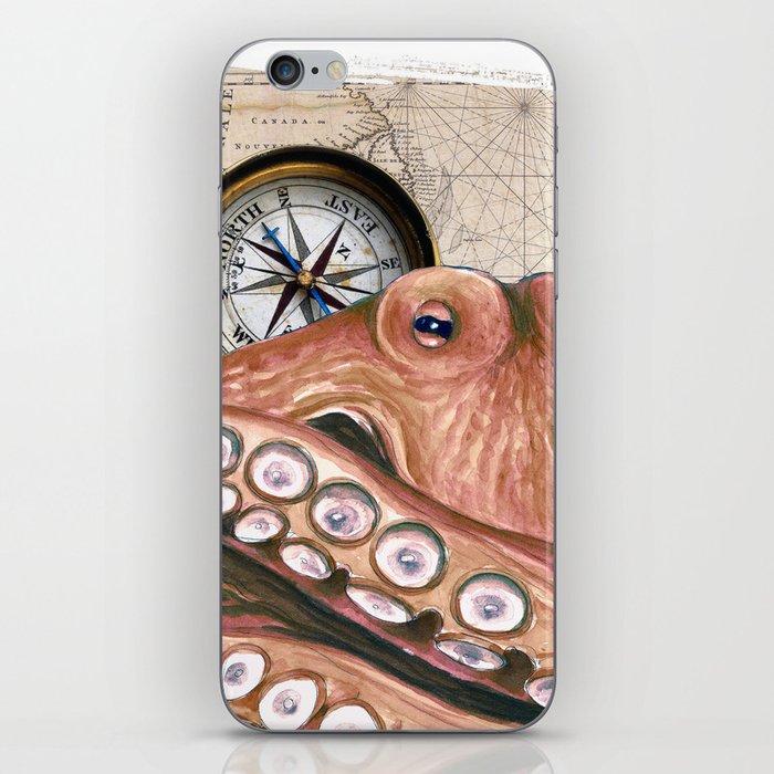 Red Octopus Compass Vintage Map Nautical Beige Beach Chic iPhone Skin