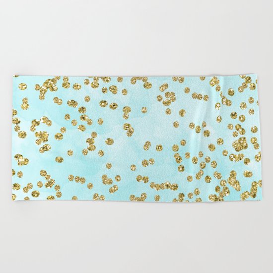 Sparkling gold glitter confetti on aqua ocean blue watercolor background-Luxury pattern on #Society6 Beach Towel