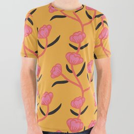 Modern Floral Camellia Vine Pattern Yellow Sun Background All Over Graphic Tee
