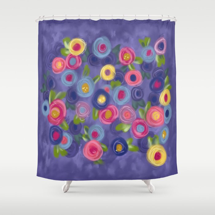 Rose Garden Painting Roses Leaves, Yellow Blue And Green Shower Curtain