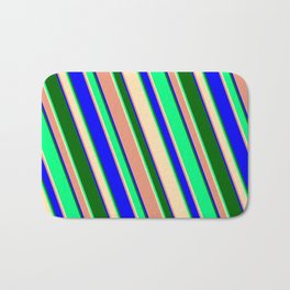 [ Thumbnail: Green, Beige, Dark Salmon, Blue & Dark Green Colored Striped/Lined Pattern Bath Mat ]