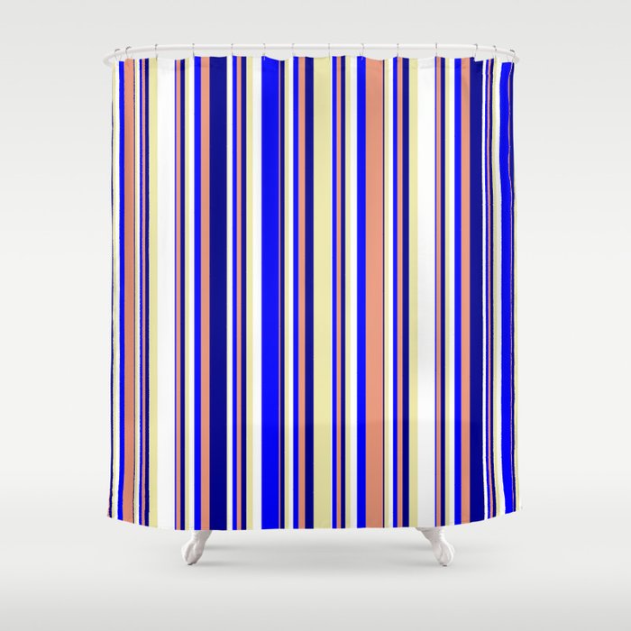 Pale Goldenrod, White, Blue, Dark Salmon, and Dark Blue Colored Pattern of Stripes Shower Curtain