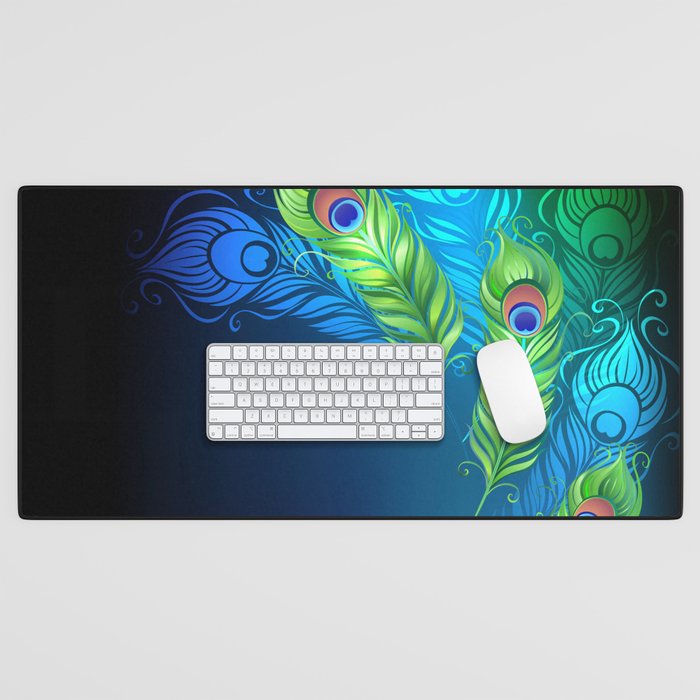 Bright Peacock Feathers Desk Mat