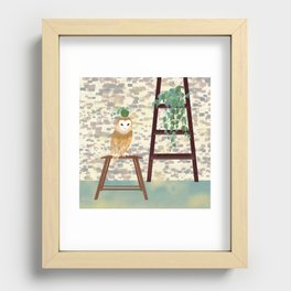 Bonsai Owl and ivy potted plant on ladder shelf Recessed Framed Print