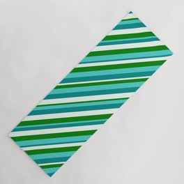 [ Thumbnail: Turquoise, Dark Cyan, Mint Cream, and Green Colored Lined Pattern Yoga Mat ]