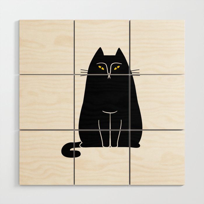 Creepy black cat cartoon animal illustration Wood Wall Art