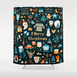 Christmas and New Year elements with holiday objects and symbols. Hand drawn style Shower Curtain
