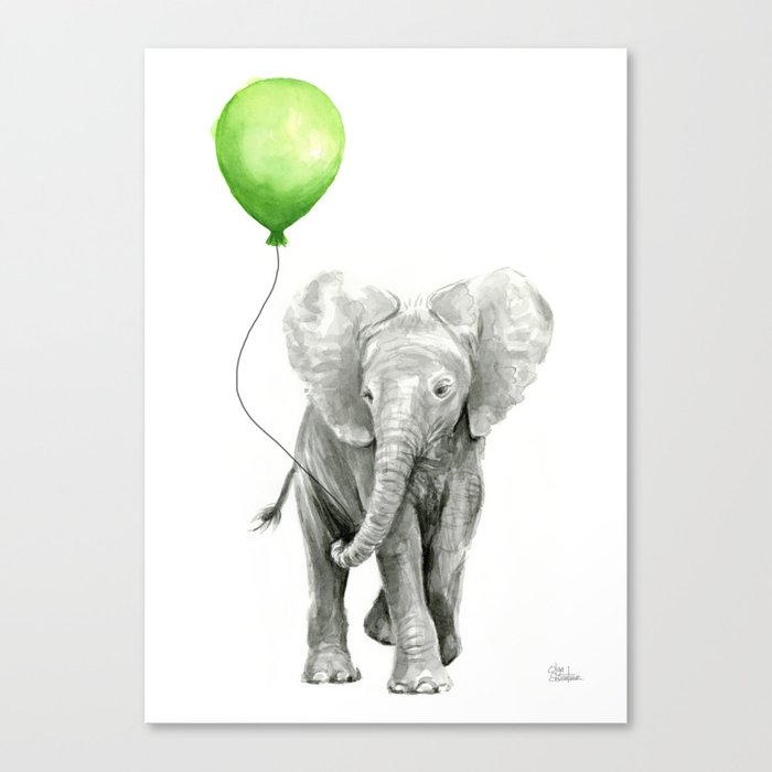 Baby Elephant with Green Balloon Canvas Print