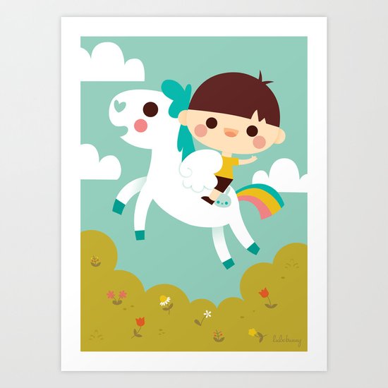 Riding a white pegasus Art Print