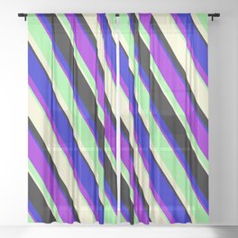 [ Thumbnail: Vibrant Dark Violet, Green, Light Yellow, Black & Blue Colored Lines Pattern Sheer Curtain ]
