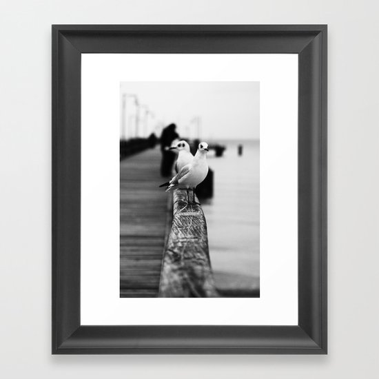Gulls on the Pier - Black & White Photography Framed Art Print